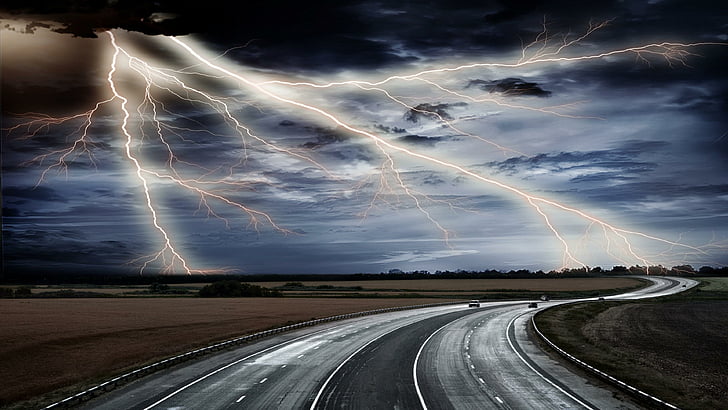 lightning, storm, weather, highway, road, field, elements, asphalt, HD wallpaper