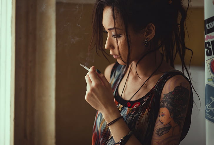 smoking, face, women, model, cigarettes, nose piercing scar, HD wallpaper