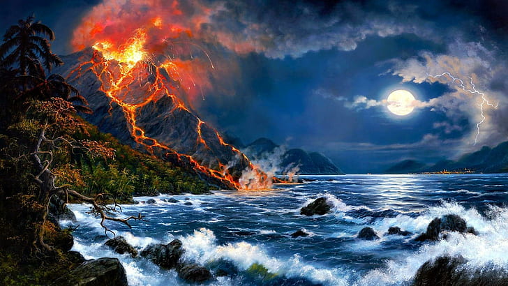 Erupting Volcano Oil Painting, abstract, paintings, oils, volcanoes, HD wallpaper