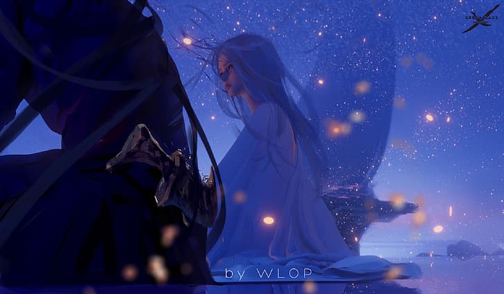 night, lights, elf, princess, Ghost Blade, by Wlop, HD wallpaper