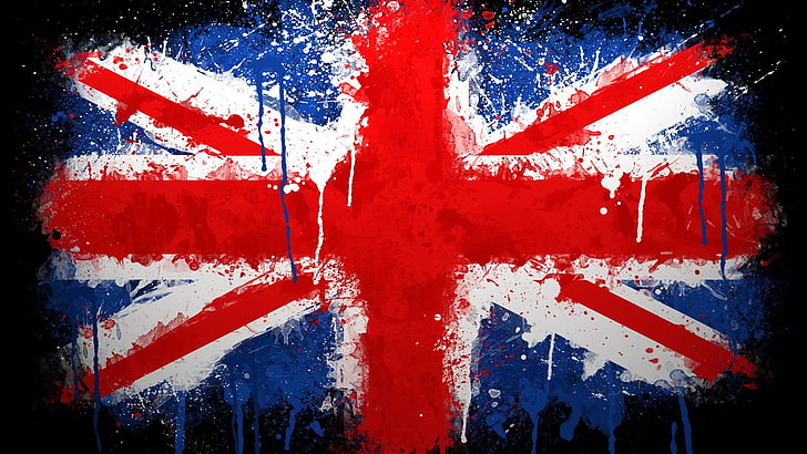 UK, flag, Union Jack, paint splatter, british flag, red, blue