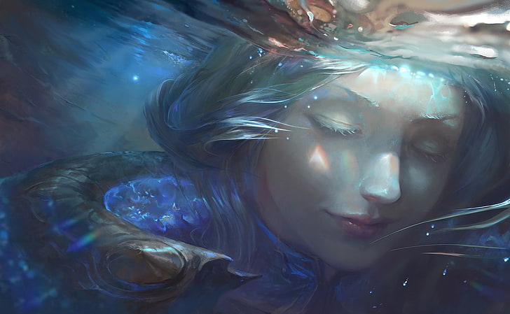 teal-haired woman underwater painting, fantasy art, magic, Lux (League of Legends), HD wallpaper