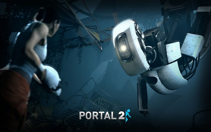 Portal 2, GLaDOS, Chell, video games, real people, men, indoors, HD wallpaper