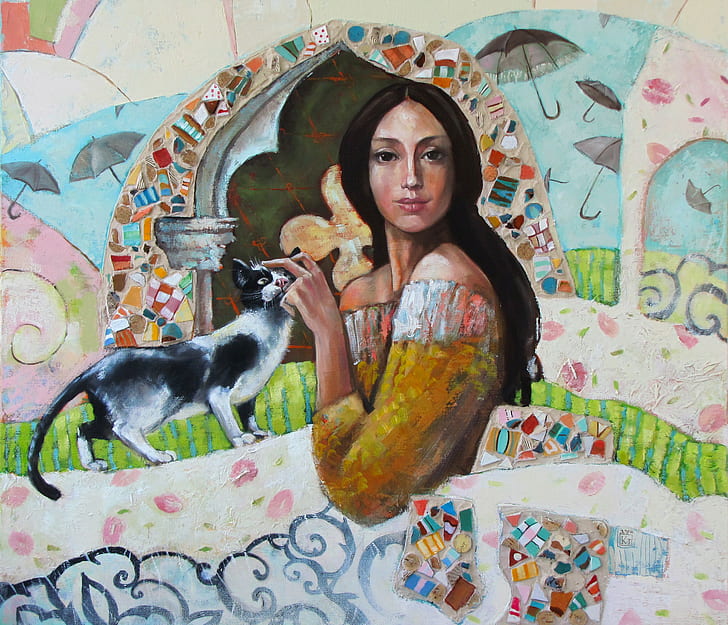 artwork, painting, women, cat, HD wallpaper