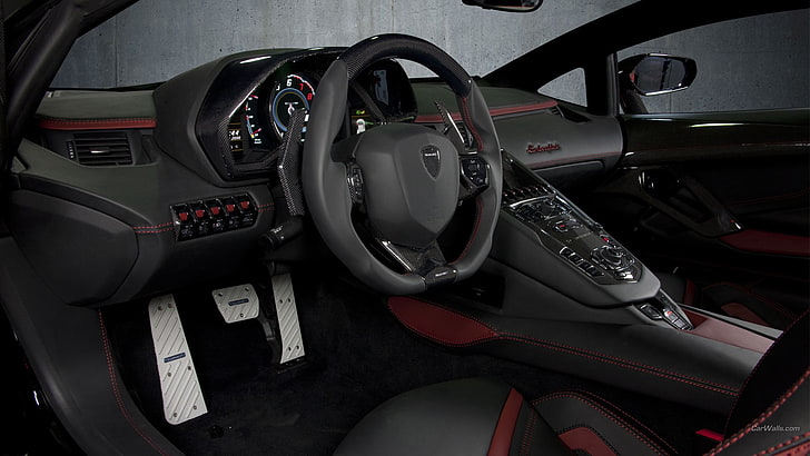 black car steering wheel, Lamborghini Aventador, mode of transportation