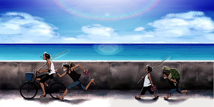 One Piece wallpaper, anime, anime boys, sea, turtle, fishing rod, HD wallpaper