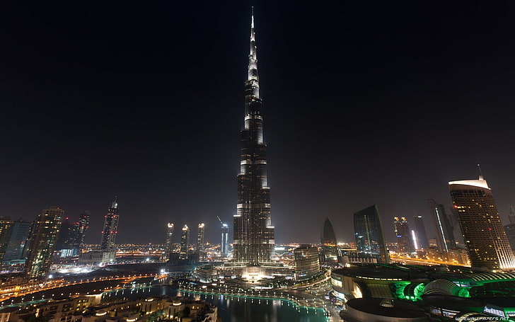 untitled, Dubai, skyscraper, cityscape, night, building exterior, HD wallpaper