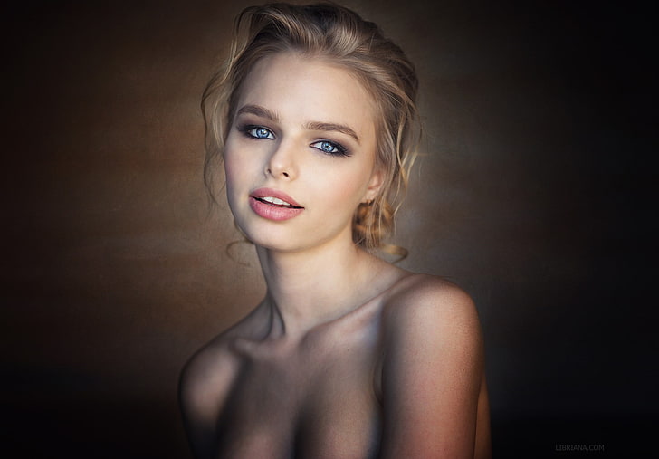 women, model, blonde, blue eyes, face, lips, bare shoulders, HD wallpaper
