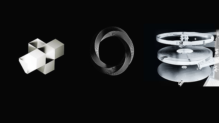 two silver-colored rings, artwork, monochrome, black background