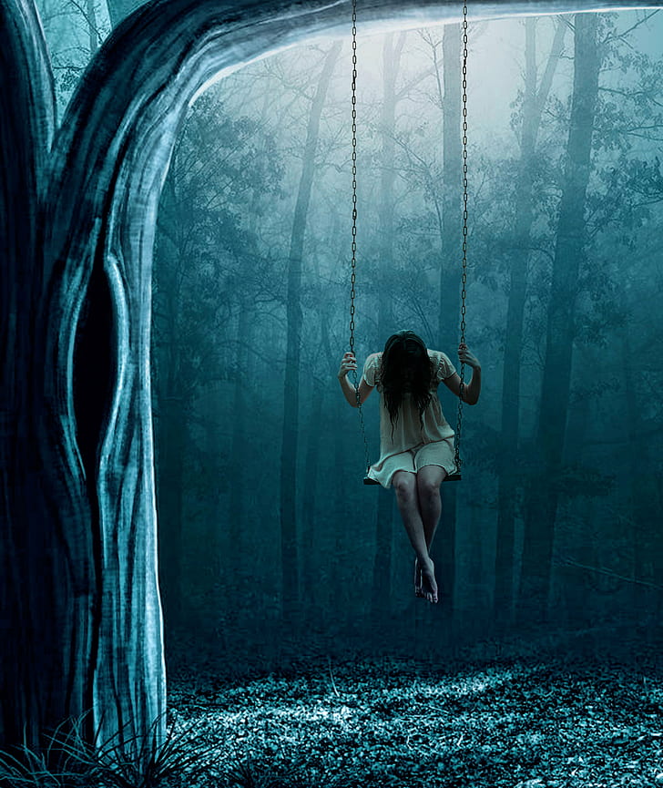 woman on a swing looking down painting, Depression, young  girl