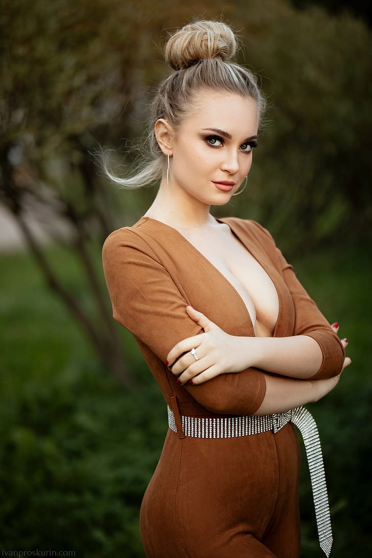 Ivan Proskurin, cleavage, portrait display, blonde, women outdoors, HD wallpaper