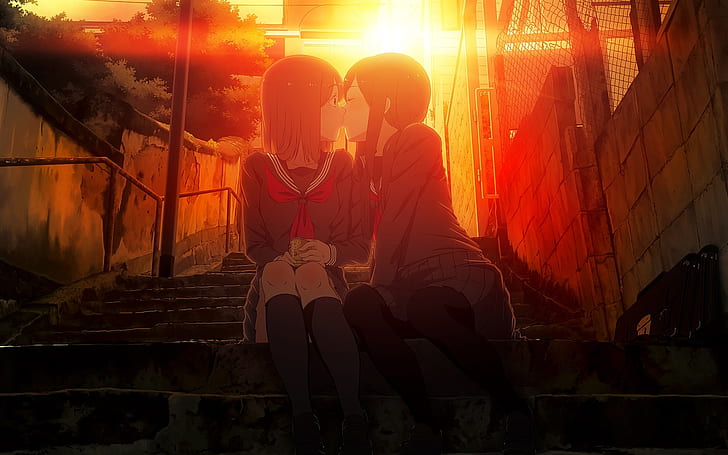sunset cityscapes school uniforms lesbians skirts kissing yuri socks stairways thigh highs anime clo Nature Sunsets HD Art, HD wallpaper