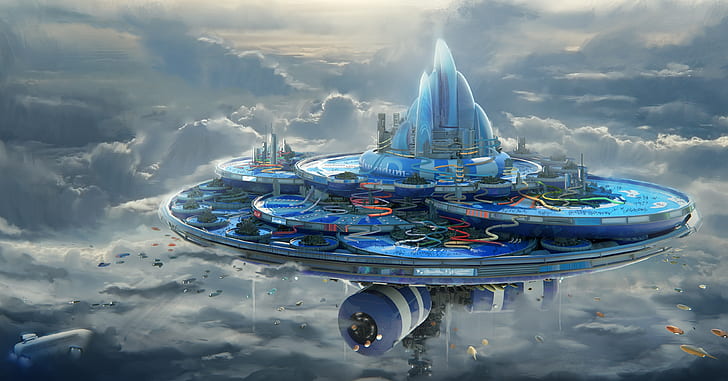 floating island, futuristic, sci-fi, clouds, aqua park, Fantasy, HD wallpaper