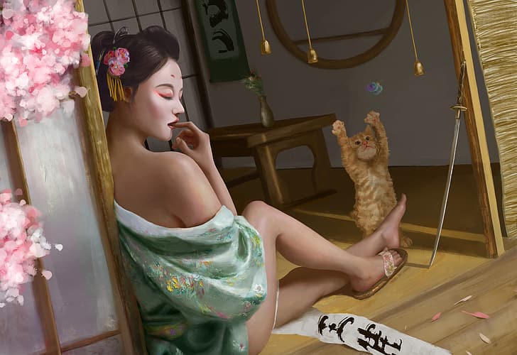 Wang Jia, Japanese women, artwork, katana, cats, legs, sitting