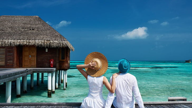 men's white dress shirt, beach, blue, hat, straw hat, pier, couple