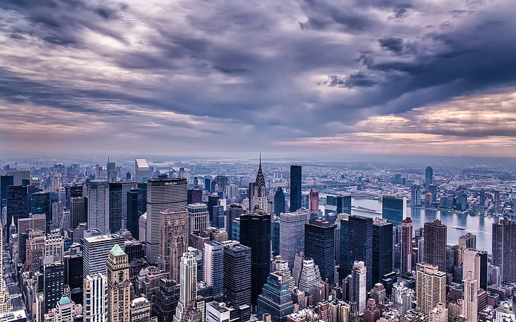 New York City, USA, Manhattan, skyscrapers, buildings, houses, twilight, HD wallpaper