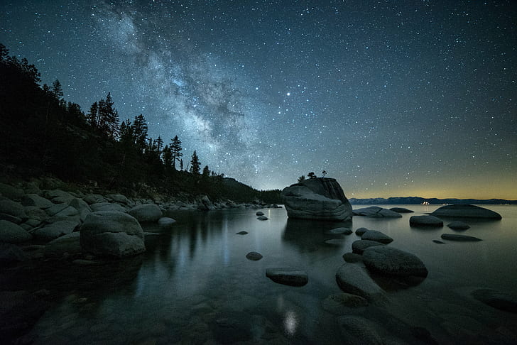 rock on seashore, lake tahoe, lake tahoe, Bonsai, Milky Way, water  blue