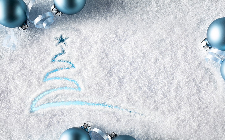 blue baubles ornaments, New Year, snow, Christmas ornaments, HD wallpaper