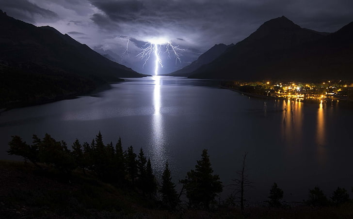 white and black concrete house, mountains, lightning, water, beauty in nature, HD wallpaper