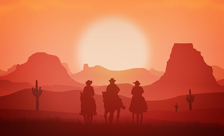 western, cowboys, landscape, men, horse, horse riding, sunset, HD wallpaper