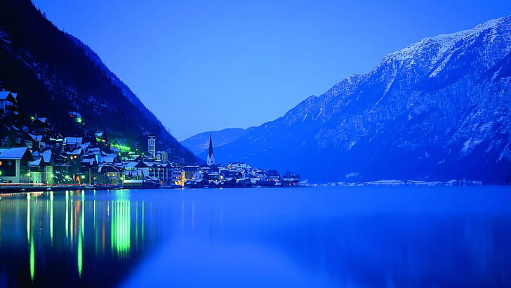 mountains, villages, blue, winter, water, night, lake