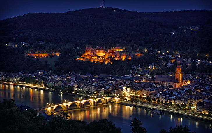 City night, river, bridge, houses, illumination, Heidelberg, Germany