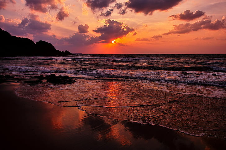 beach, sunset, sea, waves, water, sand, landscape, HD wallpaper
