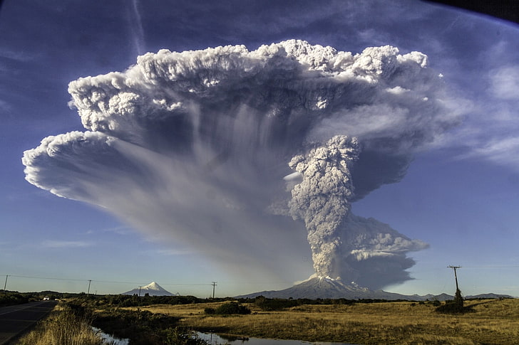 gray mushroom cloud, Calbuco Volcano, eruptions, Chile, field