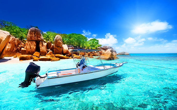 white speedboat, Seychelles, sea, nature, water, land, sky, beauty in nature, HD wallpaper