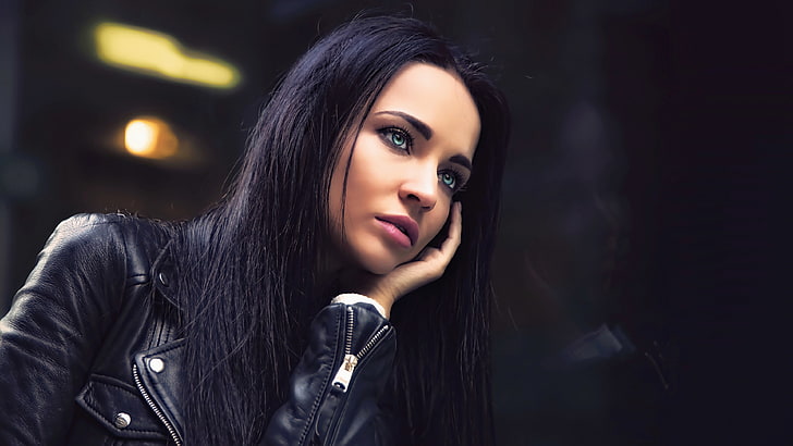 Angelina Petrova, women, model, face, portrait, leather jackets, HD wallpaper