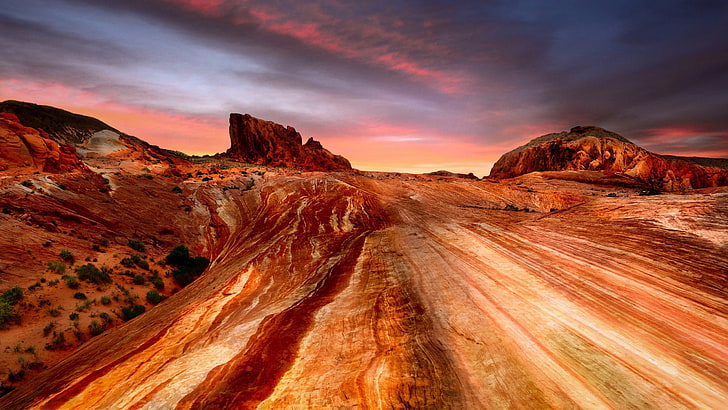 landscape, rock, nature, red, orange, desert, colorful, sky, HD wallpaper