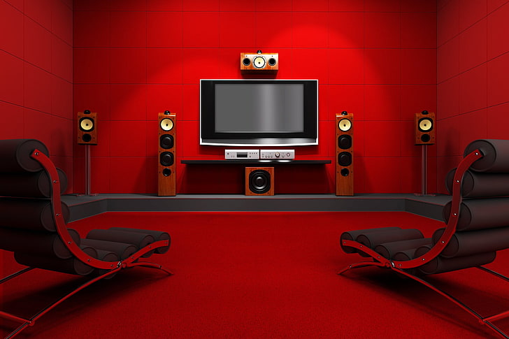 Man Made, Room, Chair, Home Theatre, Red, Speakers