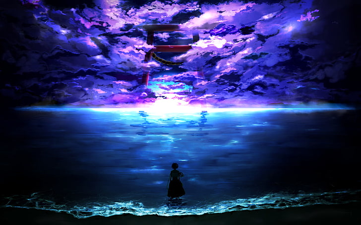 sea, purple background, torii, alone, Alone in the Dark, low tide