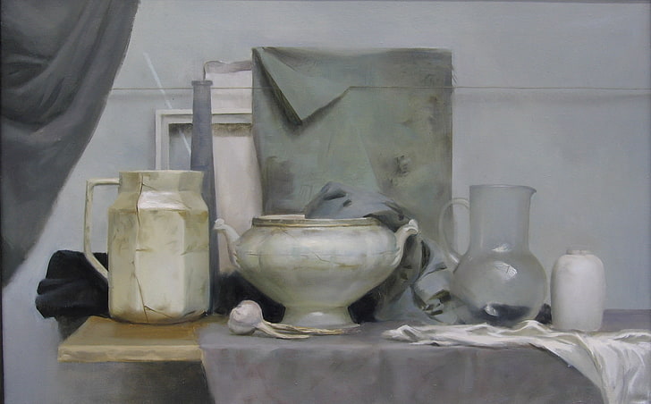 classic art, Giorgio Morandi, jars, indoors, no people, shelf