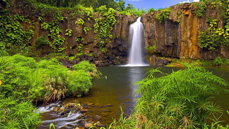 Waterfall In The Jungle Rocky Shore Pool Water Tropical Green Vegetation Rocks Ultra Hd Wallpaper 1920×1080