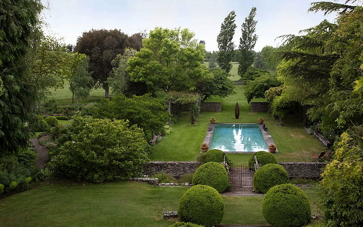 Superb green park, rectangular pool near trees, nature, 2560x1600 HD wallpaper