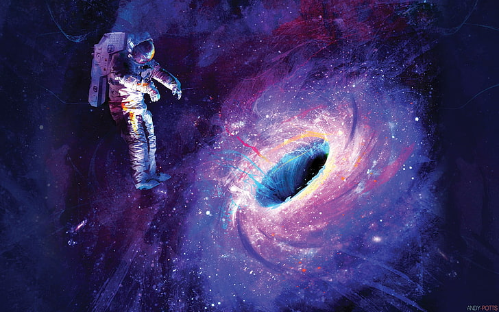 astronaut near black hole digital wallpaper, artwork, space, space art
