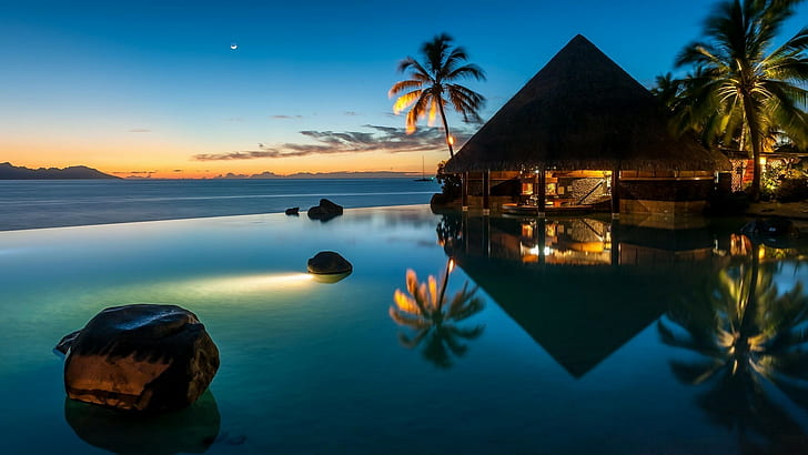 nature landscape french polynesia swimming pool resort sunset palm trees bar lights sea beach reflection blue moon water, HD wallpaper