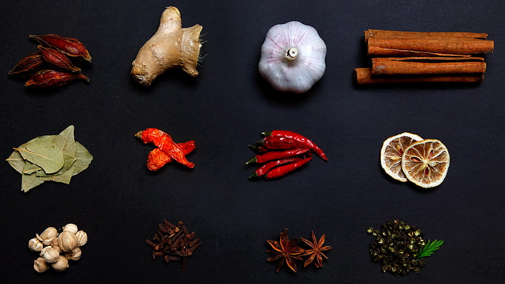 spices, garlic, ginger, lime, cinnamon, paprika, pepper, chili