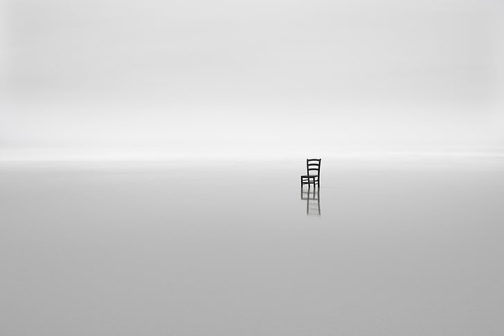 black chair, minimalism, nature, water, horizon, monochrome, white background