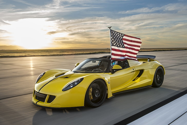 Hennessey Venom GT Spyder, flag USA, racing, sport car, yellow, HD wallpaper