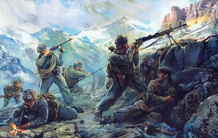 soldiers on trench painting, art, USSR, WWII, fighting, Soviet mountain arrows, HD wallpaper