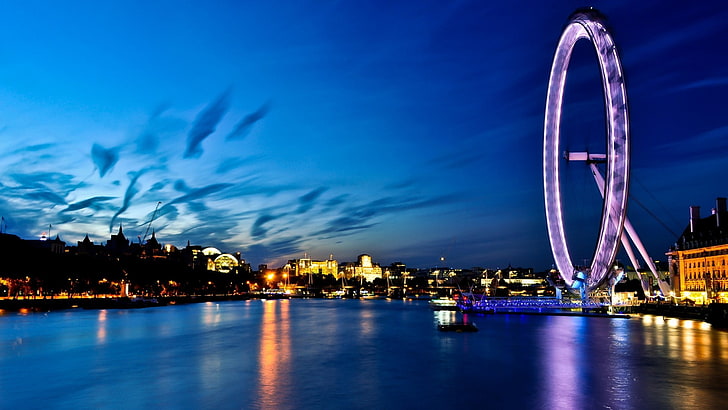London, cityscape, London Eye, ferris wheel, sea, boat, River Thames