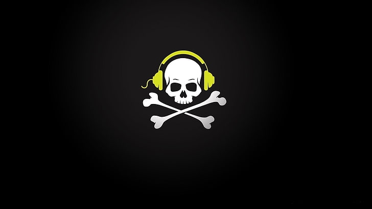 skull and bones, headphones, gradient, minimalism, black background, HD wallpaper