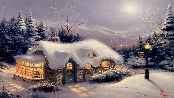 winter, snow, snowy, house, home, christmas, xmas, christmas lights, HD wallpaper