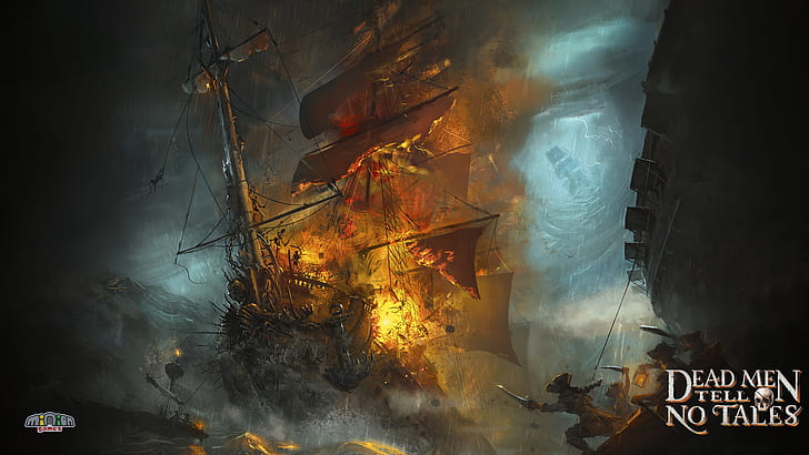 Pirates of the Caribbean Pirate Ship Schooner Explosion HD, fantasy, HD wallpaper