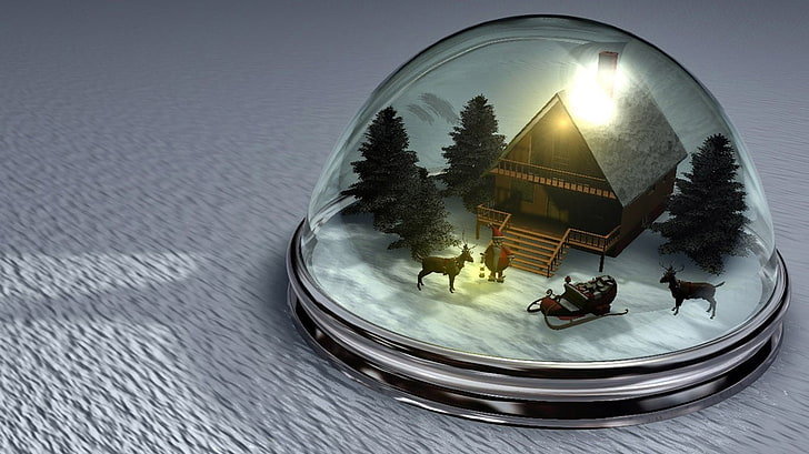 clear glass snow globe with hut, toys, santa, building exterior
