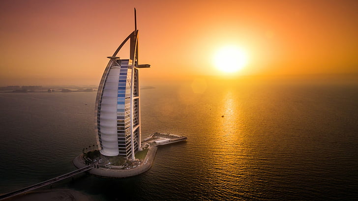 Buildings, Burj Al Arab, Dubai, Sea, Sunset, United Arab Emirates