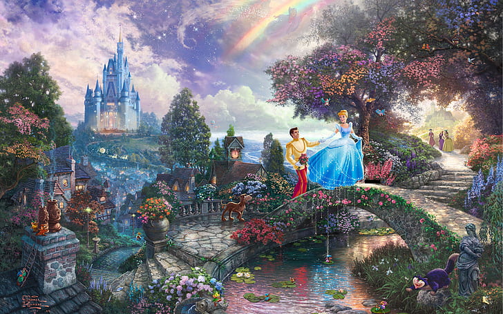 Cinderella Disney Castle Rainbow Drawing HD, cinderella and prince walking on bridge near tall trees photo