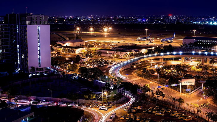 cityscape aerial view, airport, night, Vietnam, illuminated, architecture, HD wallpaper